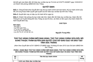 Quyết định 91/QĐHC-CTUBND thủ tục hành chính thuộc thẩm quyền sở giáo dục đào tạo Sóc Trăng 2012