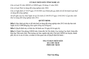 Quyết định 15/2012/QĐ-UBND giá thóc để tính thuế sử dụng đất nông nghiệp Nghệ An