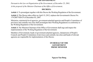 Decree No. 08/2012/ND-CP promulgating the working regulation of the Government