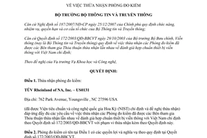 Quyết định 335/QĐ-BTTTT năm 2012 thừa nhận phòng đo kiểm do Bộ trưởng Bộ Thông t