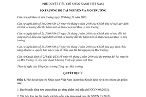 Quyết định 223/QĐ-BTNMT 2012 Phê duyệt tiêu chí Nhãn xanh Việt Nam