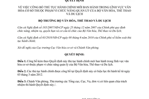 Quyết định 958/QĐ-BVHTTDL năm 2012 thủ tục hành chính văn hóa cơ sở mới Bộ Văn hóa thể thao du lịch