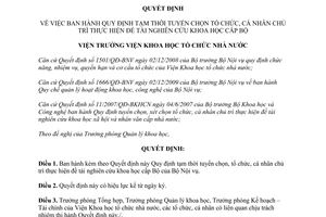 Quyết định 18/QĐ-VKH  Quy định tạm thời tuyển chọn, tổ chức, cá nhân