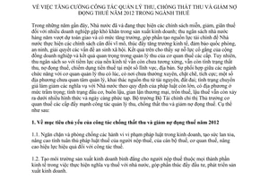 Chỉ thị 01/CT-BTC tăng cường công tác quản lý thu, chống thất thu