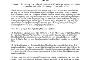 Chỉ thị 03/CT-NHNN công tác thanh tra, giám sát; phòng, chống tham nhũng