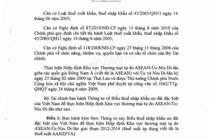Thông tư 44/2012/TT-BTC Biểu thuế nhập khẩu ưu đãi đặc biệt Việt Nam
