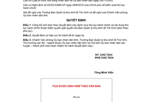 Quyết định 307/QĐ-UBND 2012 thủ tục hành chính Ban Quản lý khu kinh tế Trà Vinh