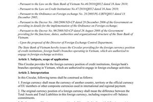 Circular No. 07/2012/TT-NHNN providing for the foreign currency position