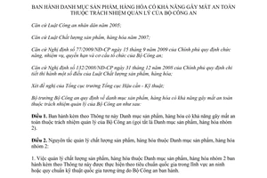 Thông tư 14/TT-BCA Danh mục sản phẩm, hàng hóa có khả năng gây mất an toàn