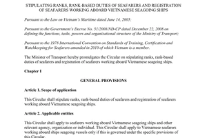 Circular No. 07/2012/TT-BGTVT stipulating ranks rank-based duties of seafarers