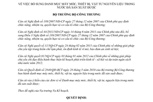 Quyết định 1366/QĐ-BCT bổ sung Danh mục máy móc, thiết bị, vật tư