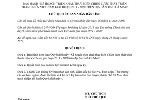 Quyết định 480/QĐ-UBND Chiến lược phát triển thanh niên Cà Mau 2011 2020
