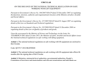 Circular No. 05/2012/TT-BLDTBXH national technical regulation on safe working lift equipment