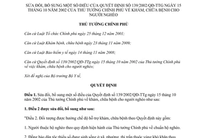Quyết định 14/2012/QĐ-TTg sửa đổi Quyết định 139/2002/QĐ-TTg khám chữa bệnh