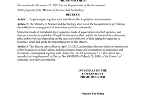 Decree No. 13/2012/ND-CP promulgating the regulation on innovations