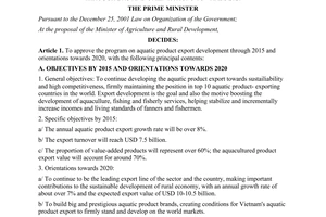 Decision No. 279/QD-TTg approving the program on aquatic product export developm