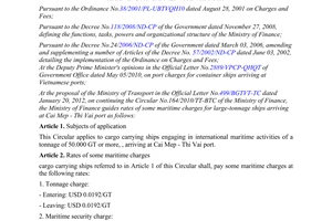 Circular No. 41/2012/TT-BTC guiding rates of some maritime charges for large-ton