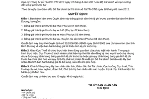 Quyết định 09/2012/QĐ-UBND bảng giá tài sản tính lệ phí trước bạ