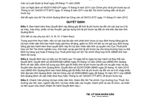 Quyết định 03/2012/QĐ-UBND Bảng giá tính lệ phí trước bạ xe ô tô, xe máy