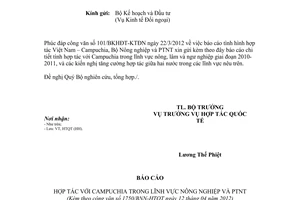 Công văn 1750/BNN-HTQT báo cáo hợp tác Việt Nam Campuchia lĩnh vực nông nghiệp
