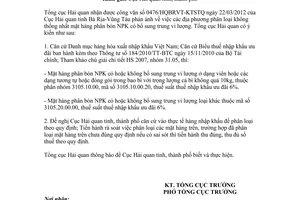 Công văn 1859/TCHQ-TXNK phân loại mặt hàng phân bón NPK