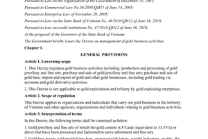 Decree No. 24/2012/ND-CP on gold business activities