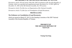 Order No. 01/2012/L-CTN on the promulgation of the Ordinance on Consolidation