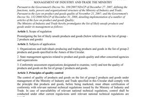 Circular No. 08/2012/TT-BCT promulgating the list of likely unsafe products