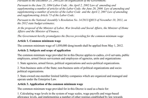 Decree No: 31/2012/ND-CP  providing for the common minimum wage