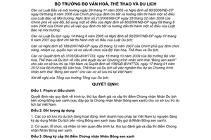 Quyết định 1356/QĐ-BVHTTDL đánh giá và cấp thí điểm Chứng nhận Nhãn Du lịch