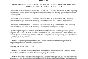 Circular No. 07/2012/TT-BLDTBXH  technical regulation respiratory protective devices particle filters