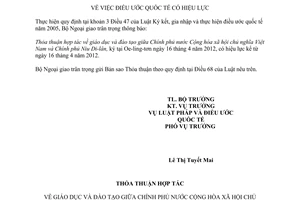 Thông báo hiệu lực Thỏa thuận hợp tác giáo dục và đào tạo