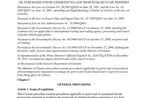 Circular No. 62/2012/TT-BTC providing customs procedures applicable to petrol