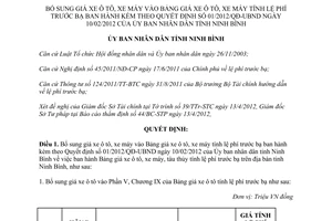 Quyết định 11/2012/QĐ-UBND bổ sung giá xe ô tô xe máy vào bảng giá xe ô tô