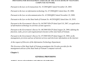 Circular No.11/2012/TT-NHNN providing for management and use of the State bank of Vietnam's computer network