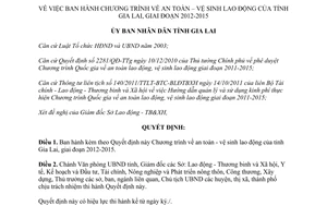 Quyết định 176/QĐ-UBND 2012 Chương trình an toàn vệ sinh lao động 2012 2015 Gia Lai