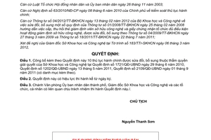 Quyết định 975/QĐ-UBND 2012 công bố thủ tục hành chính của Sở Khoa học Công nghệ