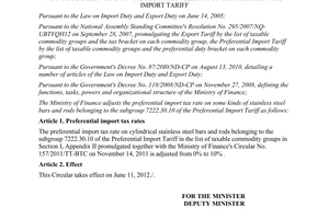 Circular No. 67/2012/TT-BTC adjusting the preferential import tax rate on stainl