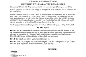 Quyết định số 982/QĐ-UBND công bố bộ thủ tục hành chính chung Cần Thơ