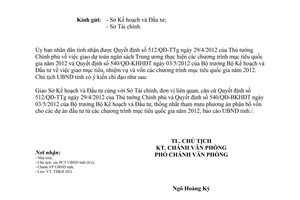 Công văn 3121/UBND-THKH tham mưu triển khai Quyết định 512/QĐ-TTg, 540/QĐ-BKHĐT