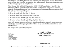 Công văn 4382/BCT-VP công bố thủ tục hành chính