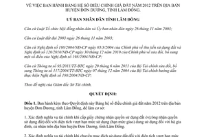 Quyết định 18/2012/QĐ-UBND phê duyệt hệ số điều chỉnh giá đất năm 2012