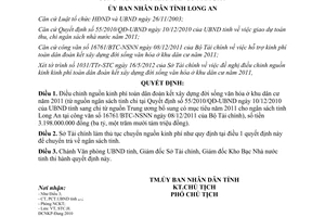 Quyết định 21/2012/QĐ-UBND điều chỉnh nguồn kinh phí năm 2011 Long An