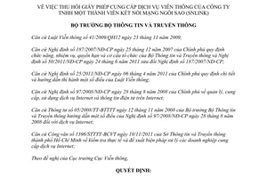 Quyết định 862/QĐ-BTTTT thu hồi Giấy phép cung cấp dịch vụ viễn thông