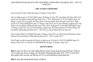 Quyết định 602/QĐ-TTg năm 2012 giao bổ sung kế hoạch vốn trái phiếu Chính phủ