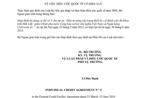 Thông báo 36/2015/TB-LPQT hiệu lực Hiệp định tín dụng thiết bị y tế Việt Nam Ngân hàng UniCredit Áo