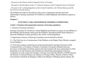 Regulation No. 96-QD/TW dated 2012 the steering committees for Northwest Central Highlands and Southwest regions