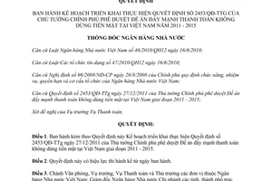 Quyết định 1131/QĐ-NHNN năm 2012 thực hiện Quyết định 2453/QĐ-TTg thanh toán không dùng tiền mặt