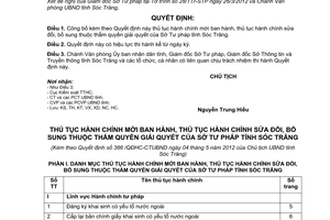 Quyết định 386/QĐHC-CTUBND thủ tục hành chính thuộc thẩm quyền giải quyết sở tư pháp Sóc Trăng 2012