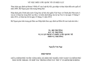 Thông báo hiệu lực của Hiệp định về hợp tác trong lĩnh vực thú y và kiểm địch động vật giữa Việt Nam và I-xra-en